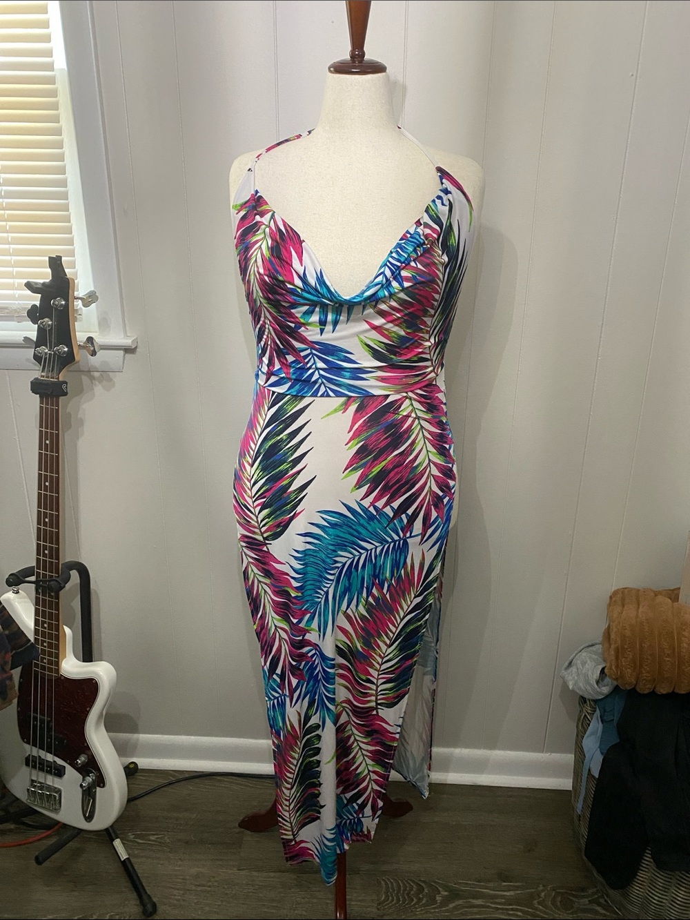 Tropical Cowl Neck Maxi Dress - White Multi